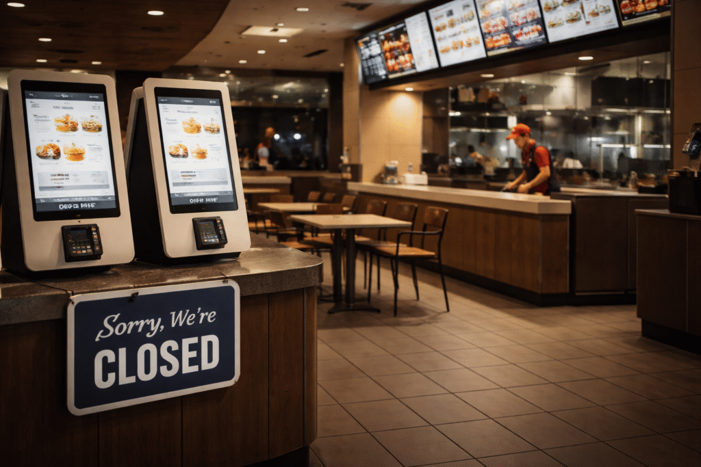 Empty fast food restaurant interior with self-service kiosks and minimal staff, reflecting job losses and rising costs after wage increases.