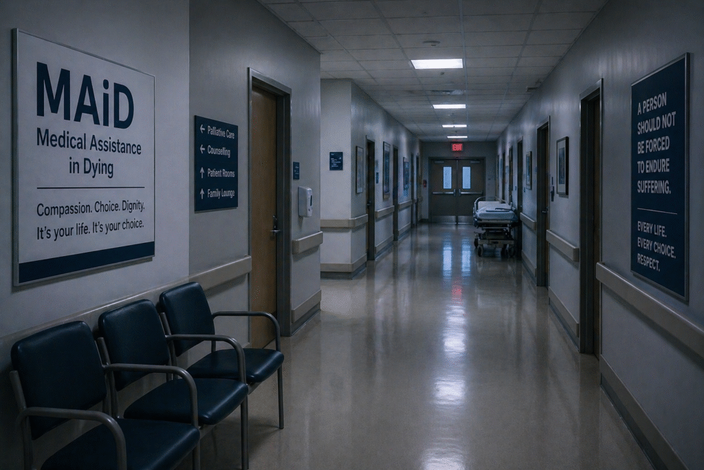 Empty hospital corridor with subdued lighting, symbolizing ethical debates around healthcare decisions and assisted dying policies.