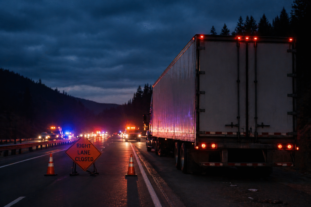 Dimly lit highway scene with a semi-truck silhouette and distant emergency lights, suggesting a serious road incident without visible people or details.