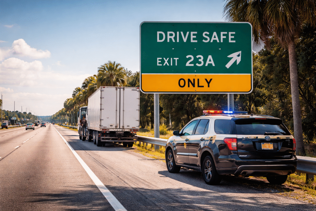 Florida highway scene with English road sign, a state trooper vehicle with flashing lights, and a commercial truck pulled over on the roadside under clear daylight conditions
