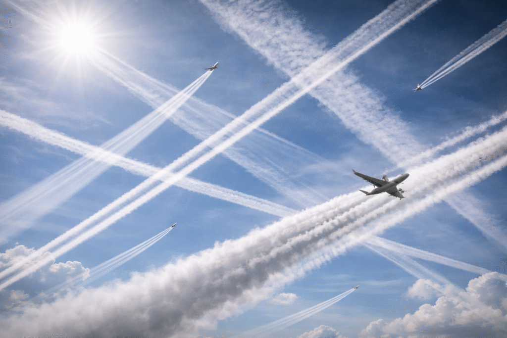 High-altitude aircraft leaving long white vapor trails that spread across the sky, forming intersecting patterns under bright sunlight.