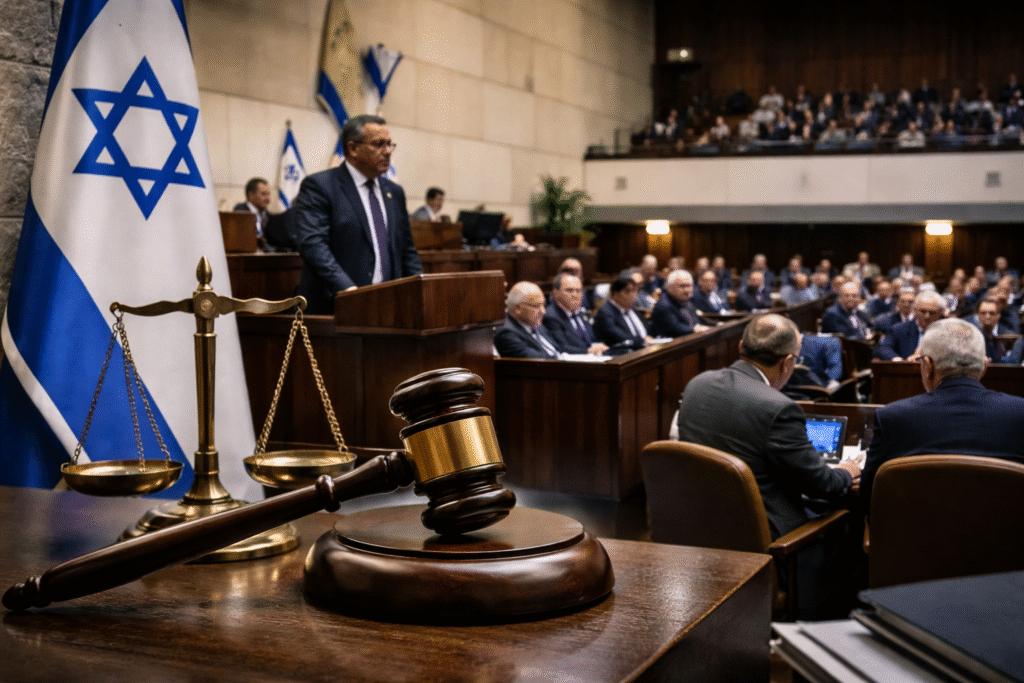 A serious parliamentary setting and symbolic justice imagery representing Israel’s controversial decision to introduce the death penalty for terrorism cases.