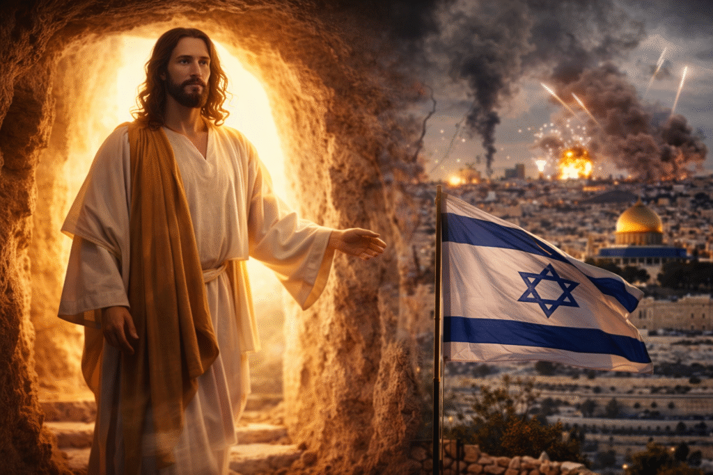 Depiction of Jesus emerging from a tomb in bright light overlooking a city with conflict in the distance, alongside a flag in the foreground under a dramatic sky.
