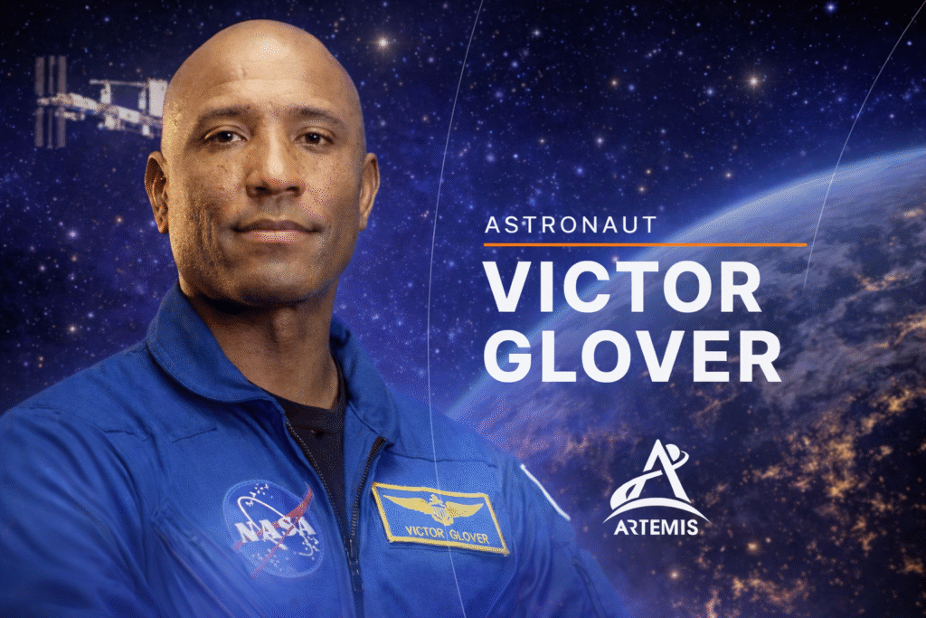 Portrait of an astronaut in a blue flight suit against a space-themed background with Earth, stars, and a spacecraft visible, representing a lunar mission setting.
