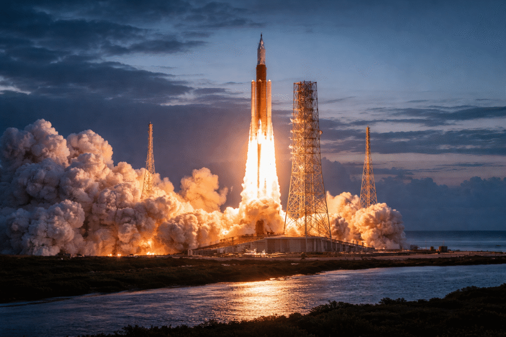 Rocket launching from a coastal spaceport at dusk with bright flames and smoke, representing a NASA Artemis Moon mission.