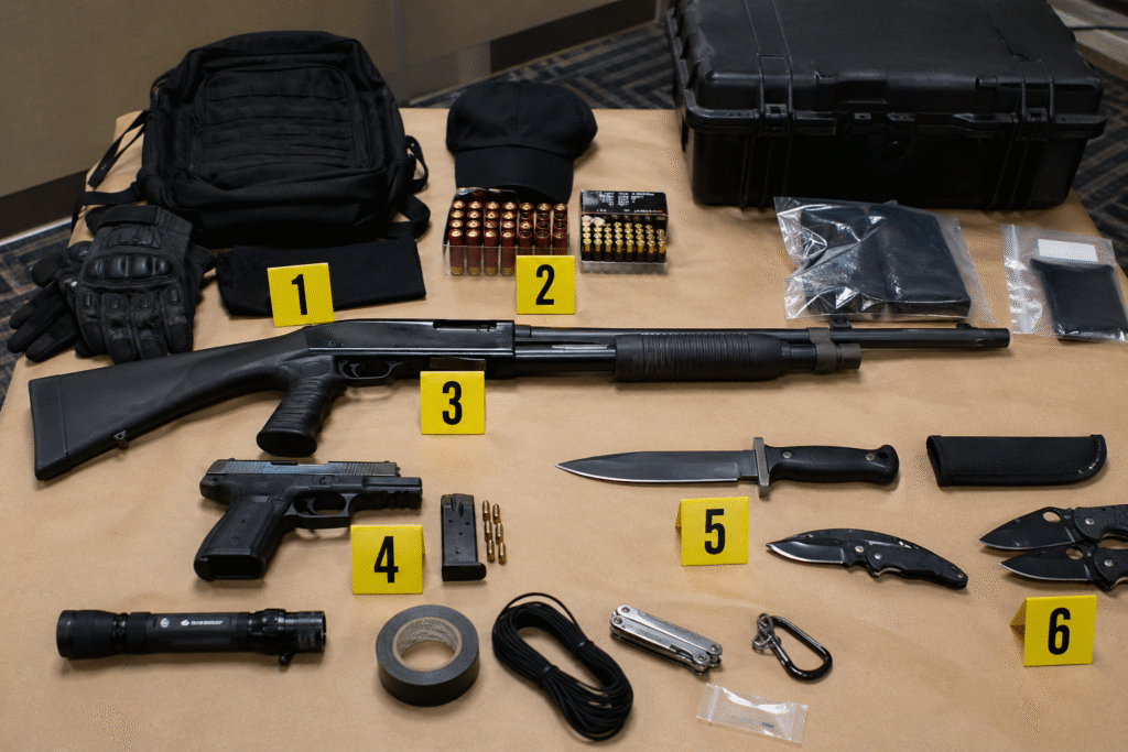 Confiscated firearms and knives displayed on an evidence table during a law enforcement investigation into a hotel security breach.