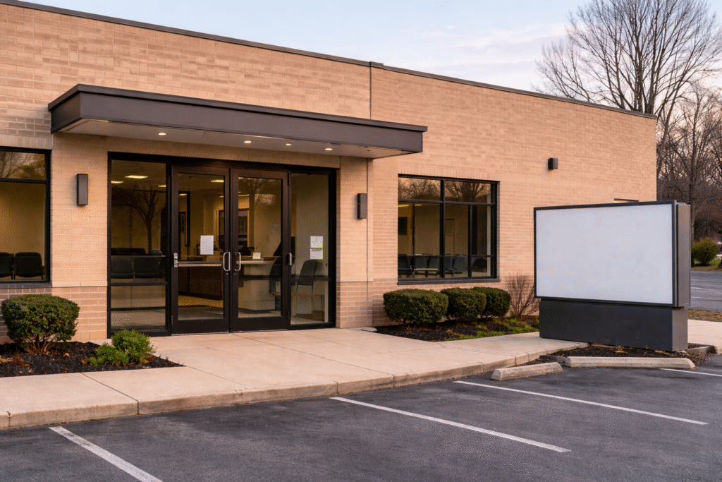 Exterior of a closed medical clinic building with empty entrance and no visible activity.