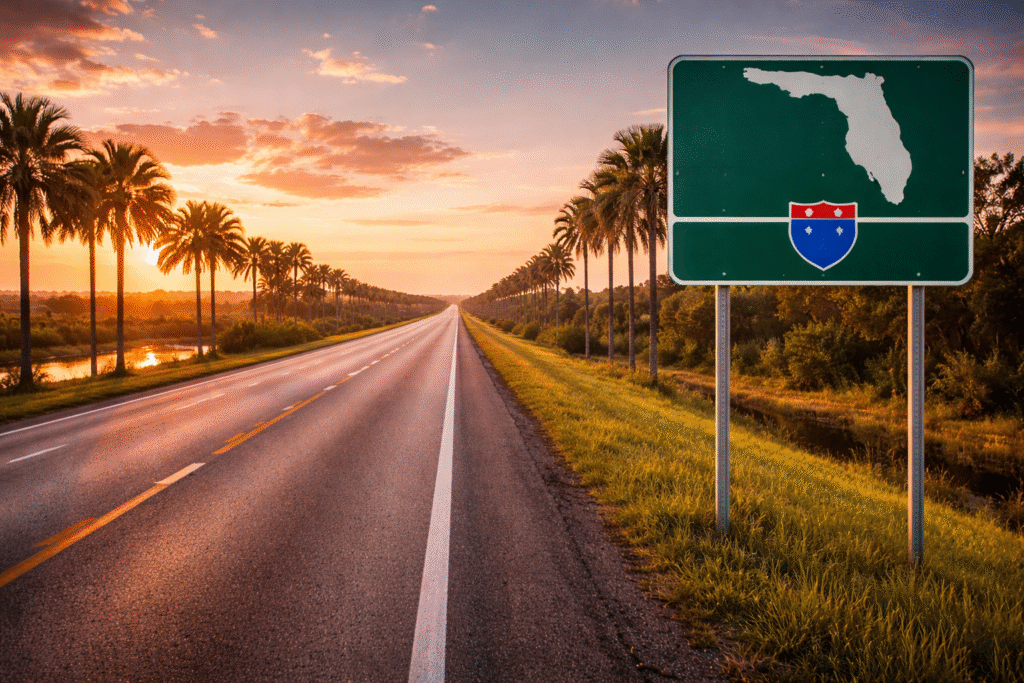 A long highway stretching through a Florida landscape with palm trees and open sky, symbolizing a newly designated roadway named after a political figure.