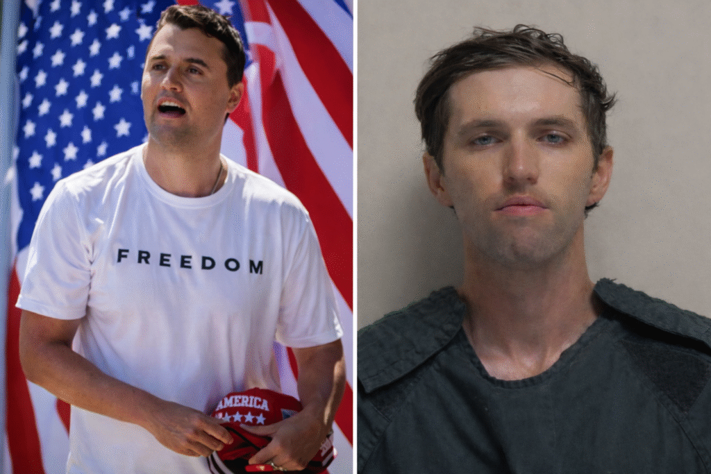 Side-by-side image showing a man in a white “FREEDOM” T-shirt holding a red cap in front of American flags on the left, and a mugshot-style portrait of a man in a dark detention uniform against a plain background on the right.