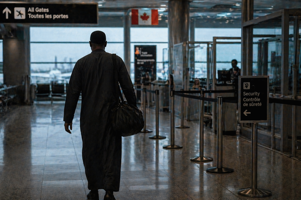 Silhouette of a man walking through an airport terminal from behind, with no visible facial features, symbolizing travel and anonymity in a controlled environment.