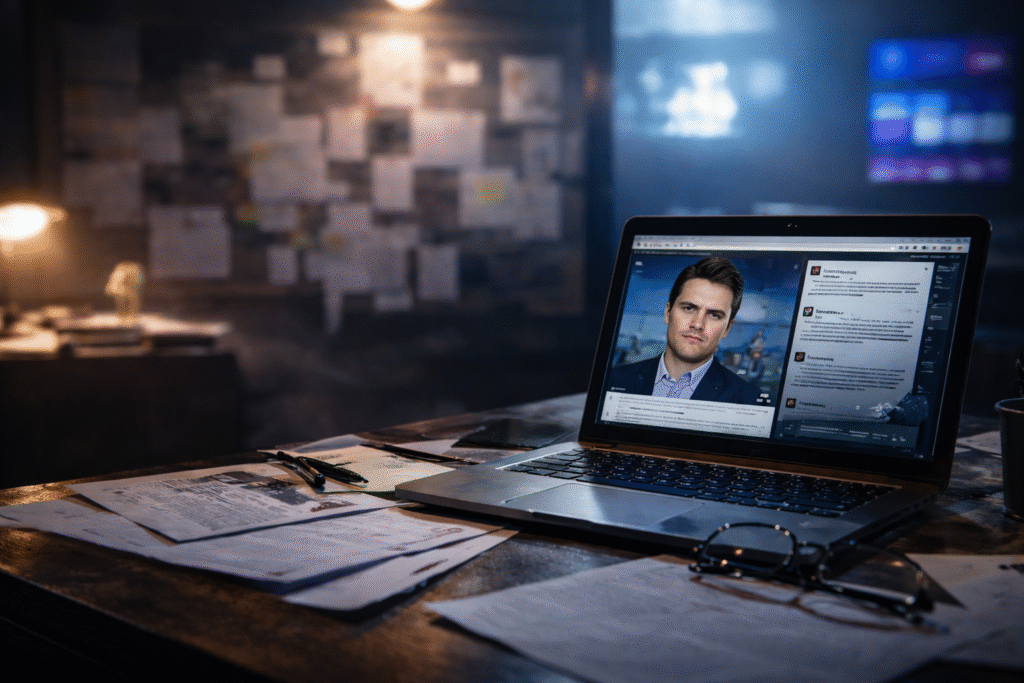 Dimly lit workspace showing a laptop and scattered documents, symbolizing online speculation and investigation into a controversial reported death.