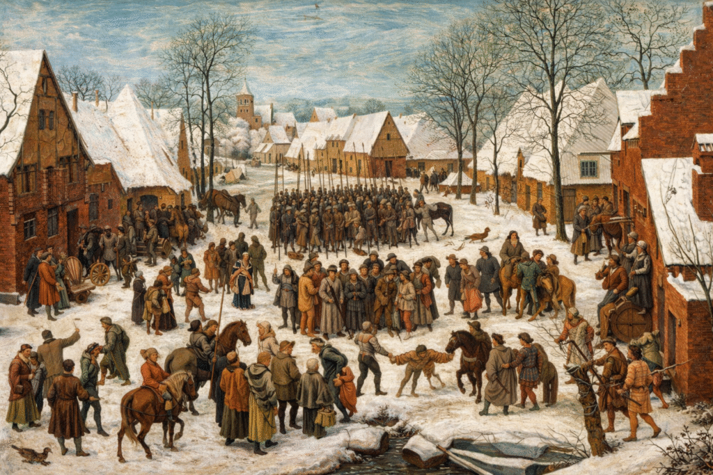 Snow-covered medieval village scene with groups of people, soldiers carrying spears, and villagers interacting around horses and buildings in a busy winter setting
