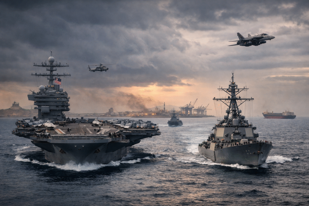 U.S. Navy aircraft carrier and destroyers operating near a Middle Eastern shipping lane as a distant cargo port sits on the horizon under tense skies.