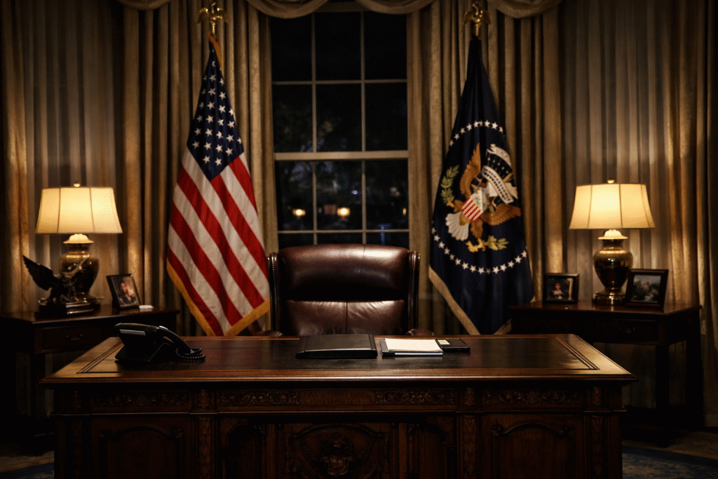 Dimly lit Oval Office interior with presidential desk and American flags, conveying a serious national address atmosphere regarding Iran.