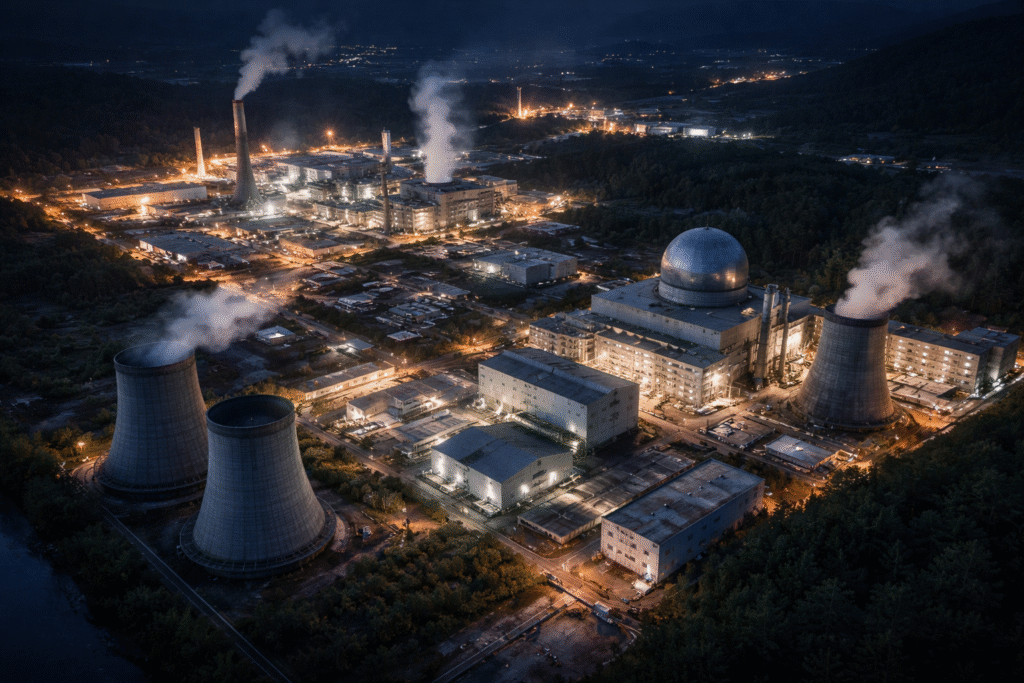 Satellite-style view of a nuclear facility complex with industrial buildings and cooling structures, representing North Korea’s expanding weapons program.