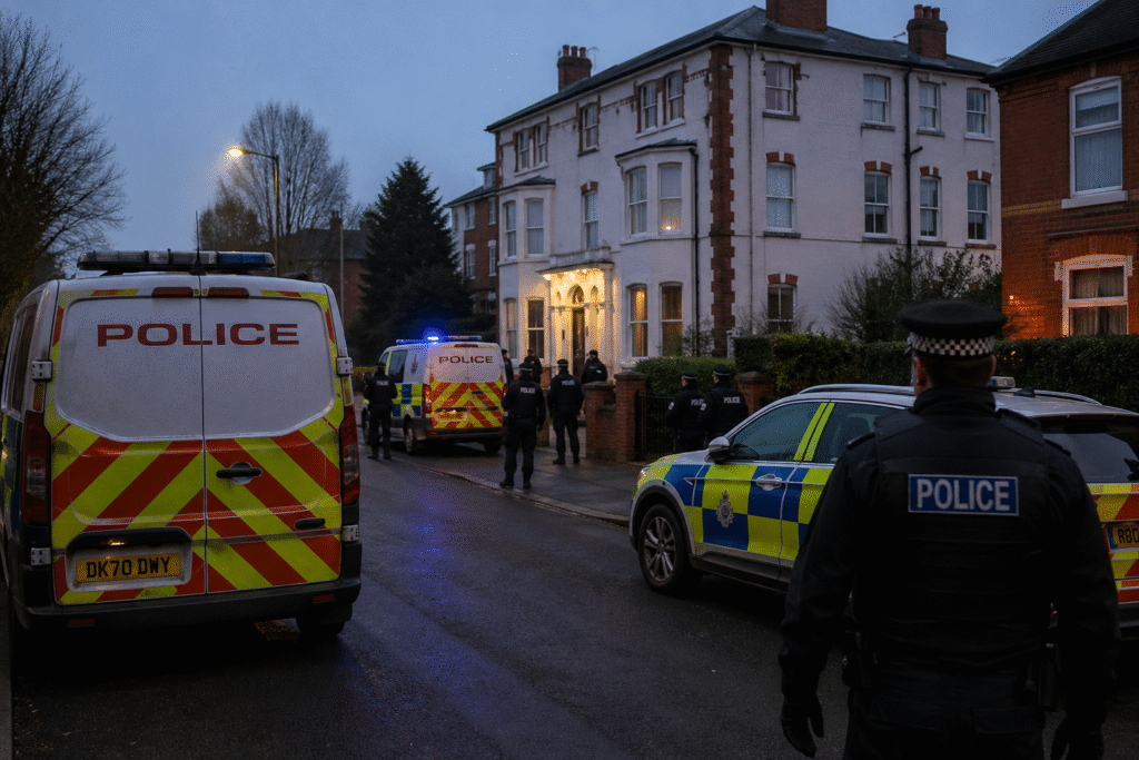 British police vehicles and officers positioned outside residential properties during an early morning investigation in a quiet UK neighborhood.