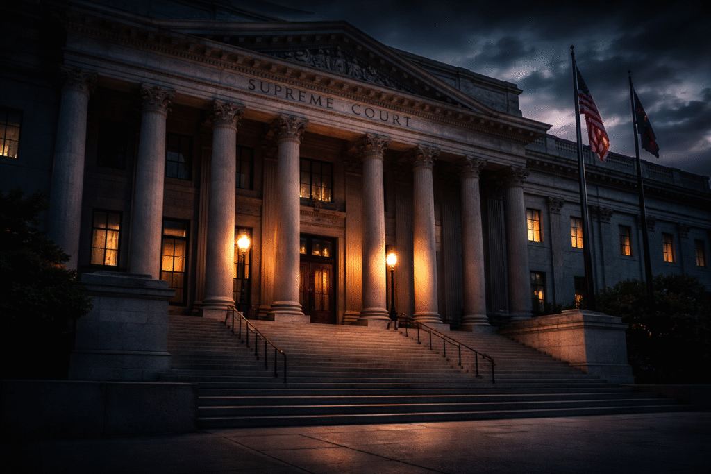 Exterior of a state supreme court building with subdued lighting symbolizing a judicial investigation and legal scrutiny.