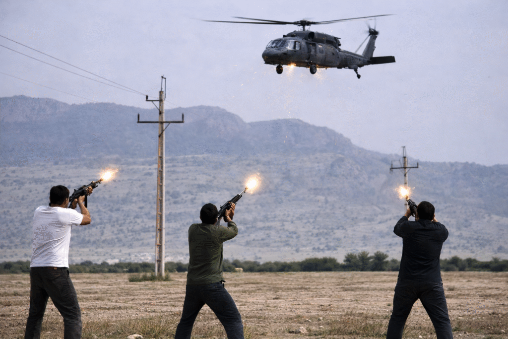 Men in an open rural landscape firing rifles toward a low-flying military helicopter with mountains in the background.