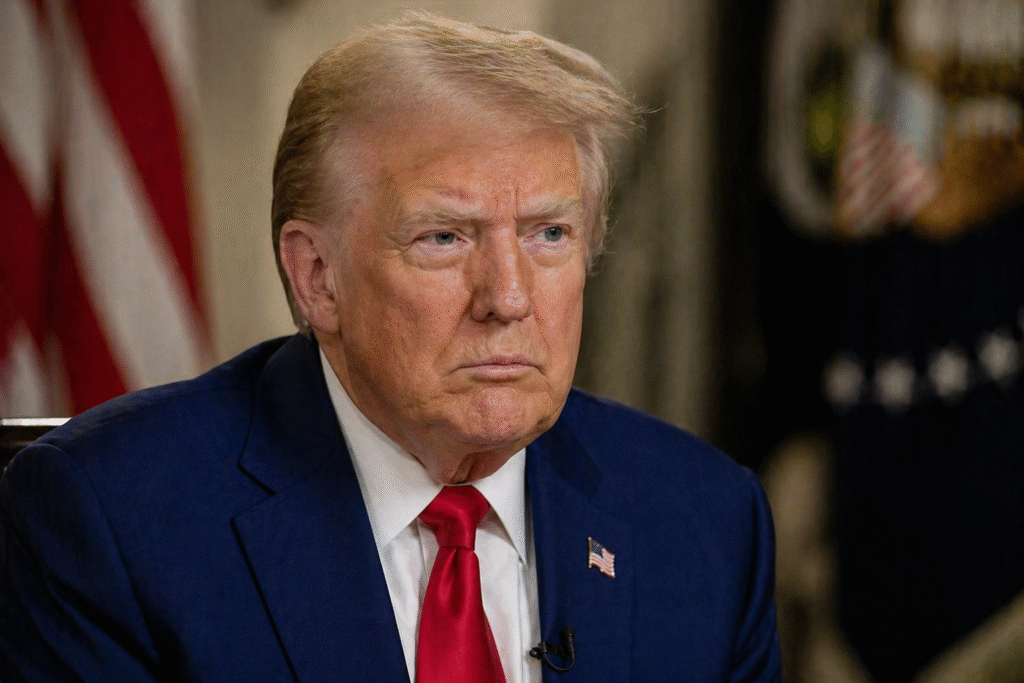 Close-up of Donald Trump in a dark suit and red tie, seated indoors with an American flag in the background, looking serious during an interview.