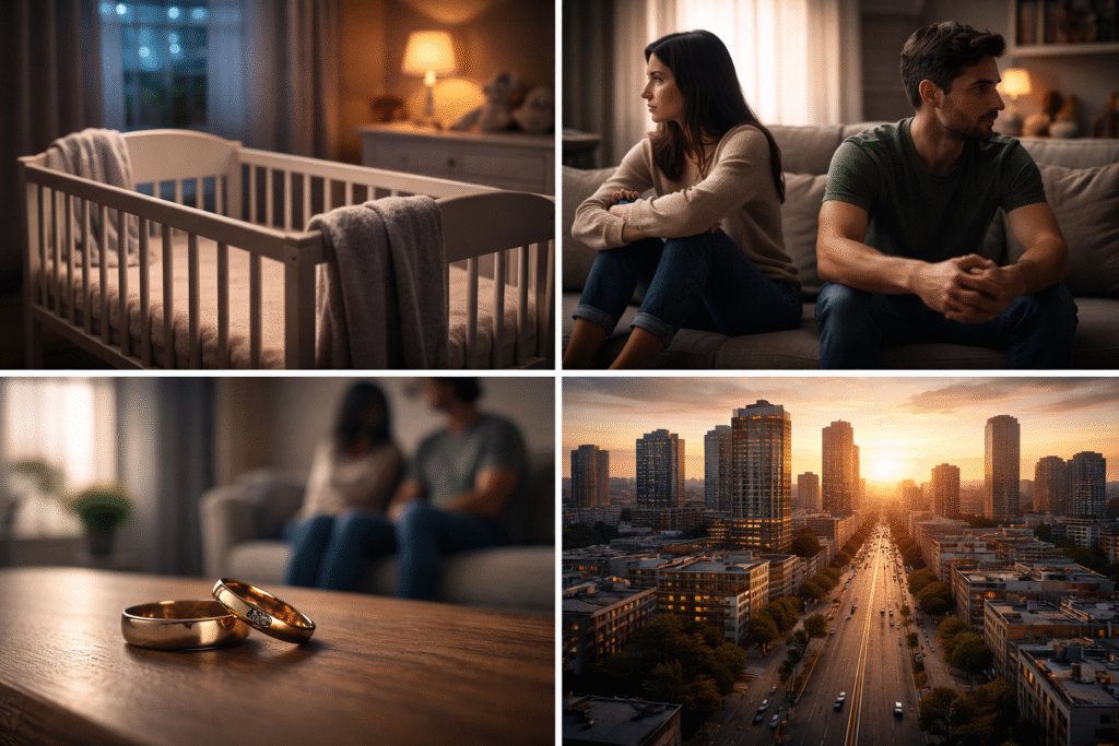 Empty baby crib in softly lit room with distant couple and wedding rings, symbolizing declining birth rates and reduced family formation