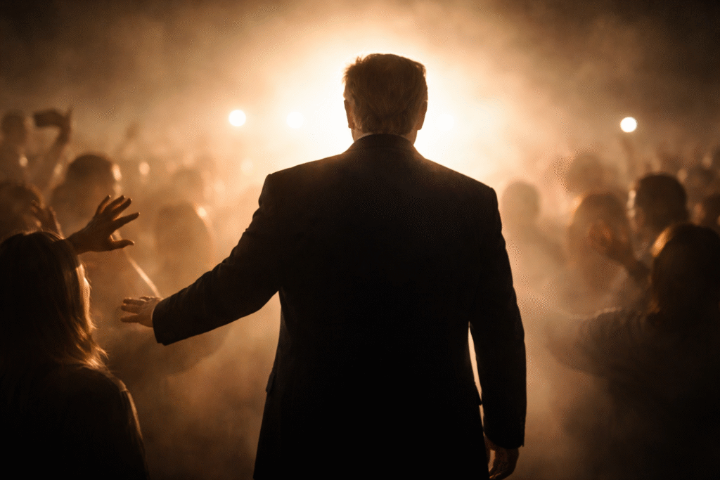 Silhouetted figure standing in bright light with a crowd reaching forward, symbolizing controversy around leadership and religious imagery