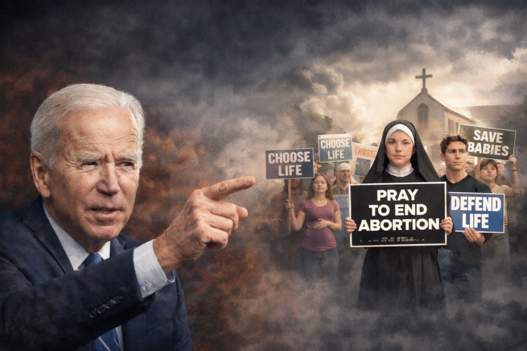 Joe Biden pointing toward a group of pro-life demonstrators holding signs outside a church, with a cloudy, dramatic background.
