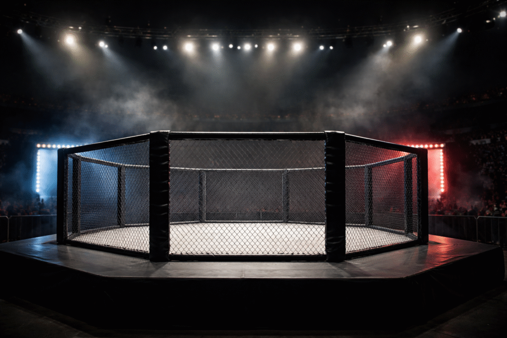 Empty mixed martial arts cage inside a dimly lit arena with overhead spotlights and red and blue entrance lighting, symbolizing a staged confrontation without any people present