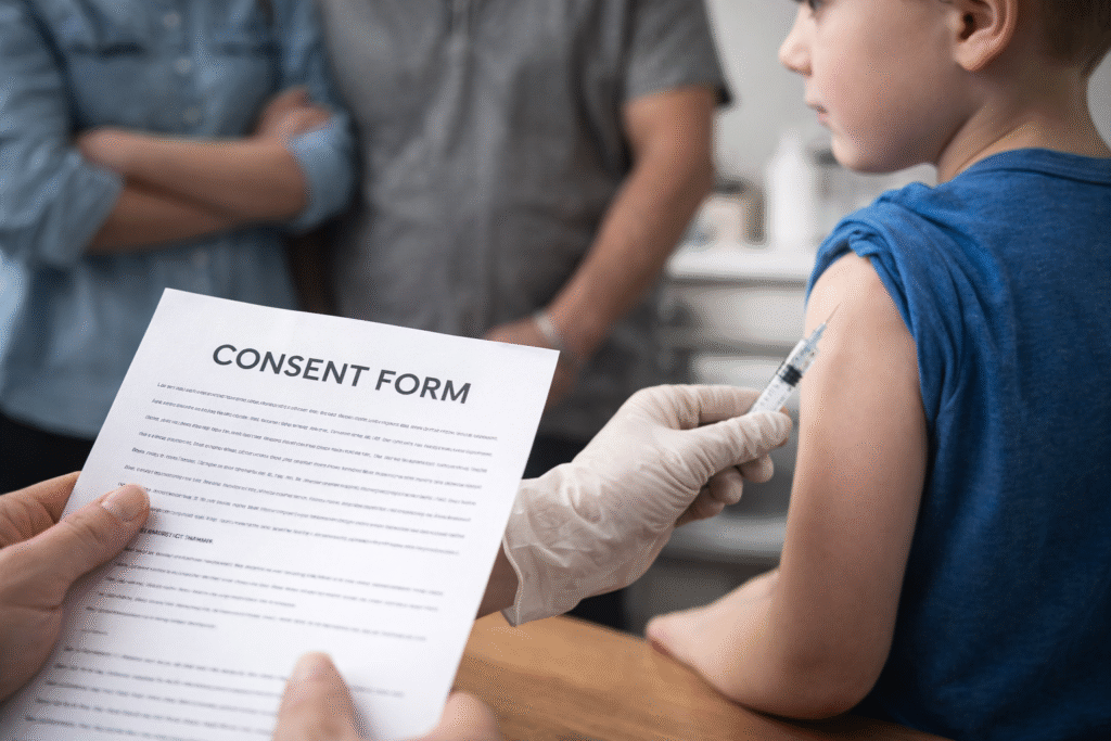Child receiving a vaccine injection in the arm while a healthcare worker holds a consent document, with adults blurred in the background.