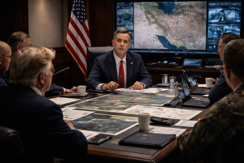 Government officials seated around a conference table reviewing maps and intelligence data in a secure briefing room, with a large screen displaying geographic imagery in the background