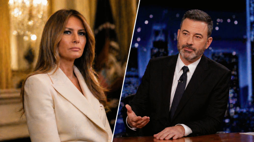 Split image showing a formally dressed woman in an elegant setting on one side and a late-night talk show host seated at a desk in a studio on the other