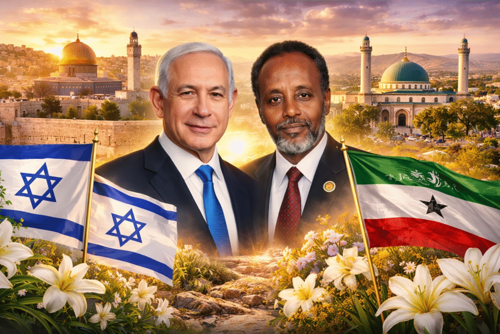 Benjamin Netanyahu and a Somaliland leader stand side by side with Israeli and Somaliland flags, set against Jerusalem and a mosque backdrop at sunrise with Easter lilies in the foreground.