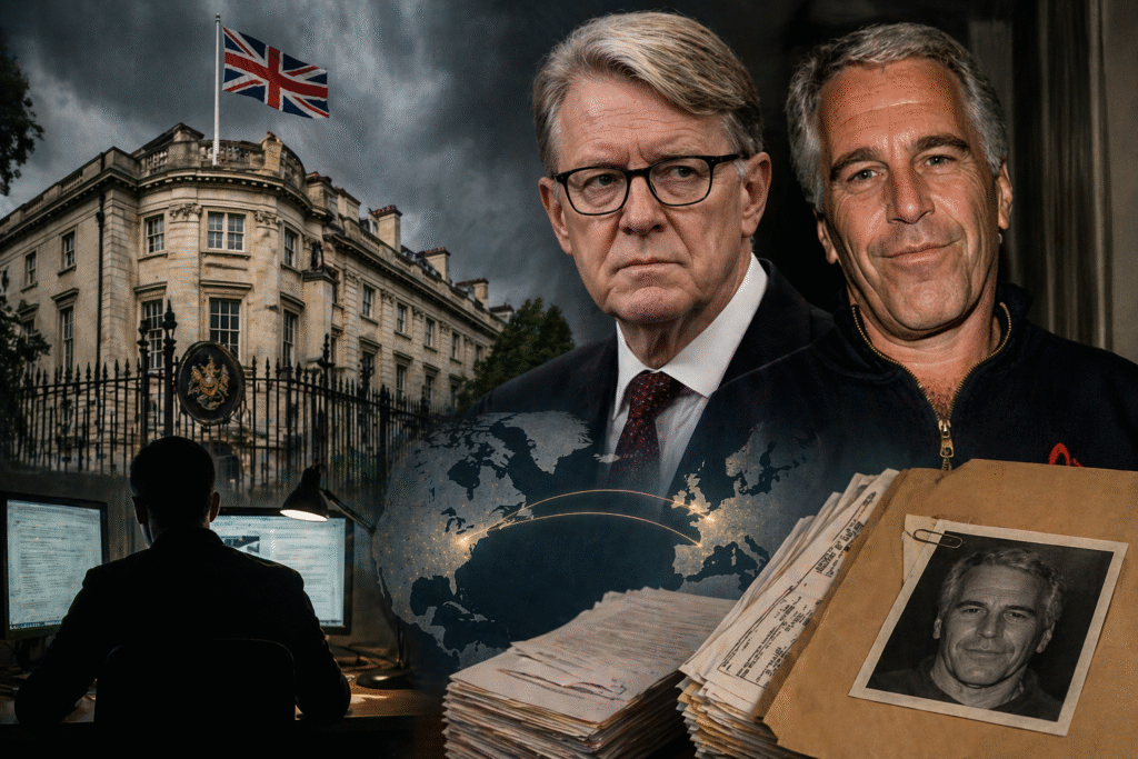Composite image showing a British government building, two prominent male figures, investigative documents, and a silhouetted analyst at a computer, suggesting an international political and intelligence scandal