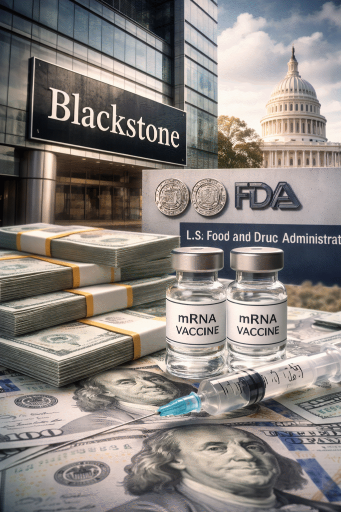 Stacks of U.S. dollar bills beside vaccine vials and a syringe, with government and corporate buildings in the background representing financial and regulatory influence over pharmaceutical decisions