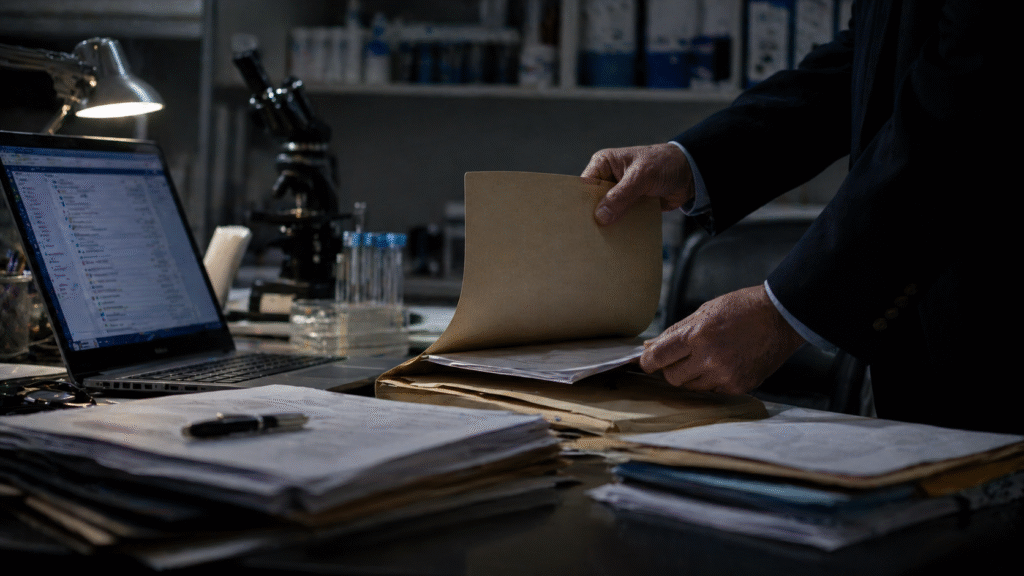 Dimly lit office or lab desk with stacks of documents, a laptop displaying emails, and hands handling a folder, suggesting review or concealment of records.