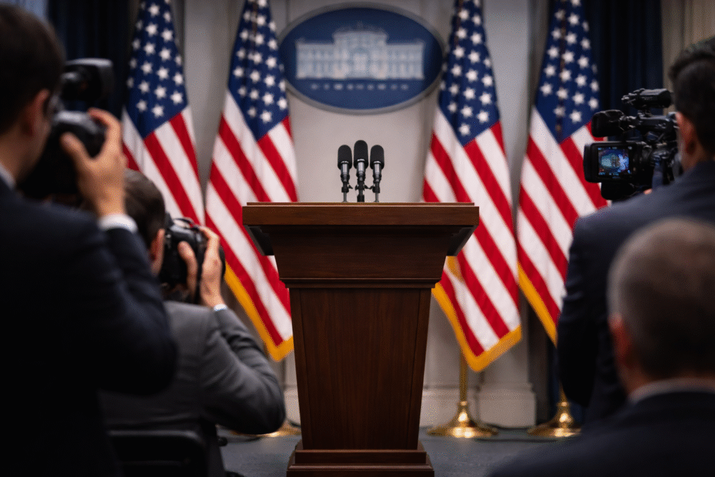 Press briefing room podium with microphones, American flags in the background, and journalists filming and photographing the scene in a formal setting