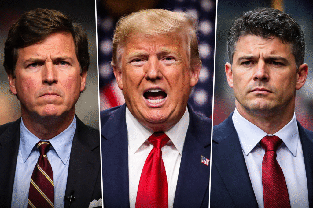 Close-up composite of President Donald Trump speaking with intense expression, flanked by Tucker Carlson and Joe Kent with serious, stern faces against blurred American flag and neutral backgrounds