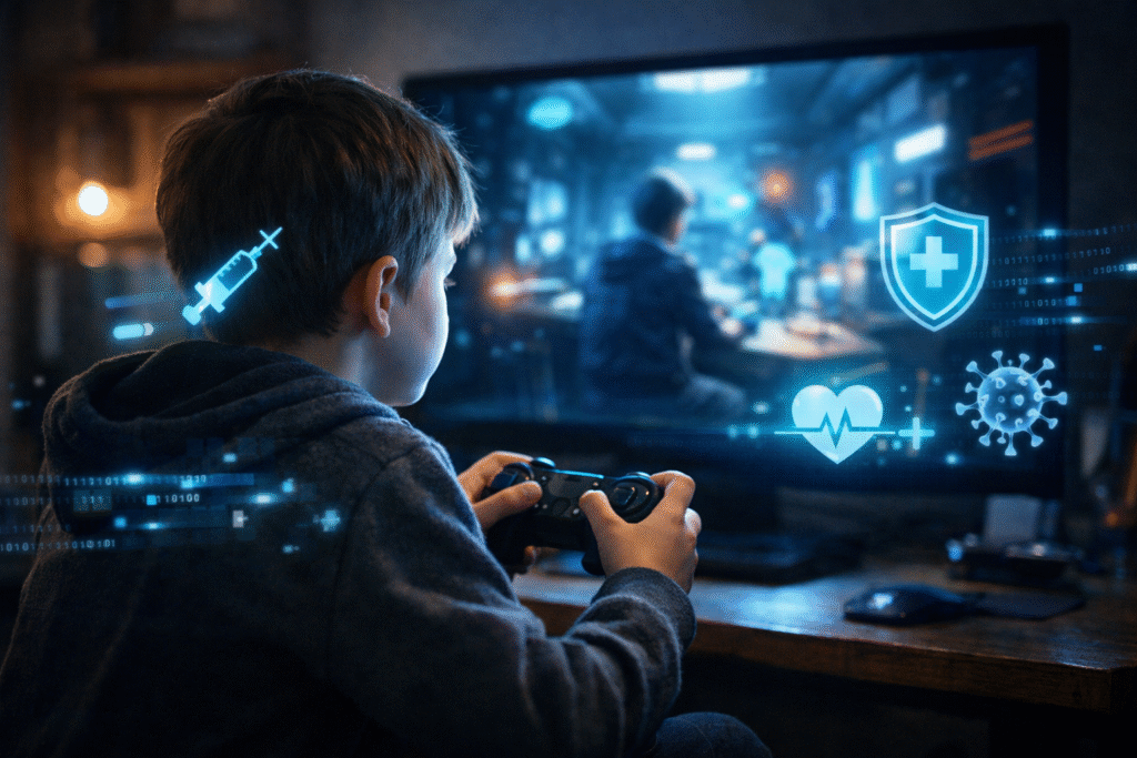 Child playing a video game in a dimly lit room, illuminated by a blue screen with floating digital health-related icons surrounding the display