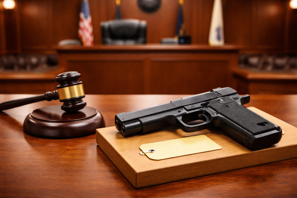 Gavel and semi-automatic handgun displayed on a wooden surface inside a courtroom, with a judge’s bench blurred in the background.