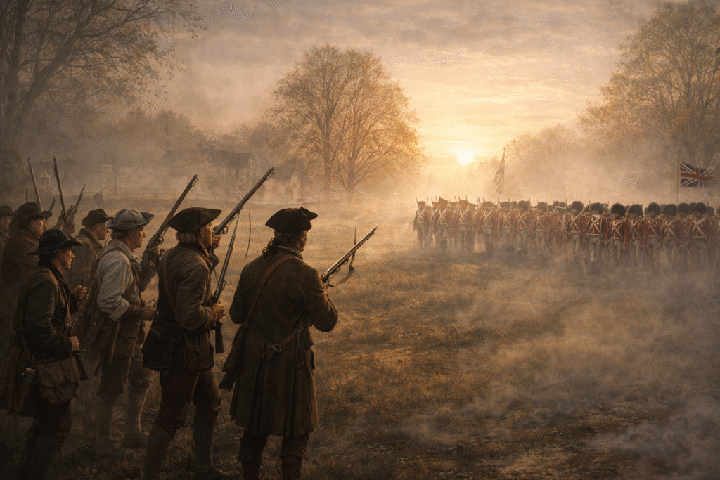 Colonial American militiamen aiming muskets across a field at advancing British Redcoat soldiers at dawn, with mist and early sunlight over Lexington Green