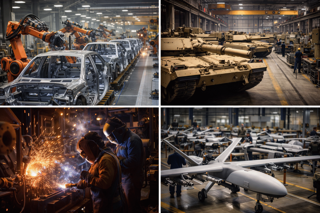 Industrial factory floor with assembly lines producing vehicles, tanks, and drones, with workers welding and machinery operating, representing large-scale military manufacturing and production