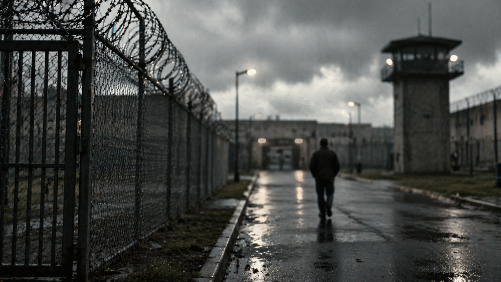 A solitary figure walks along a wet path beside a high-security prison fence topped with razor wire, with guard towers and dim lights visible under a gray, overcast sky.