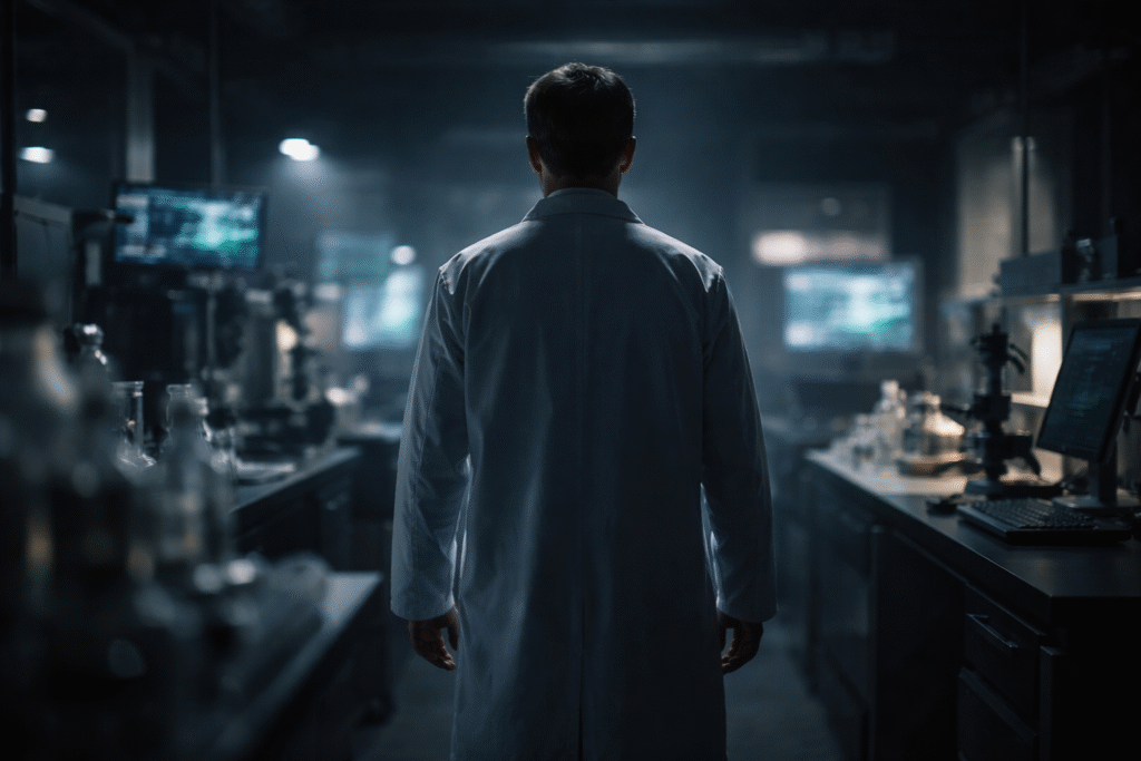 A lone scientist in a white lab coat standing with his back to the camera inside a dimly lit laboratory, surrounded by glowing monitors and scientific equipment.