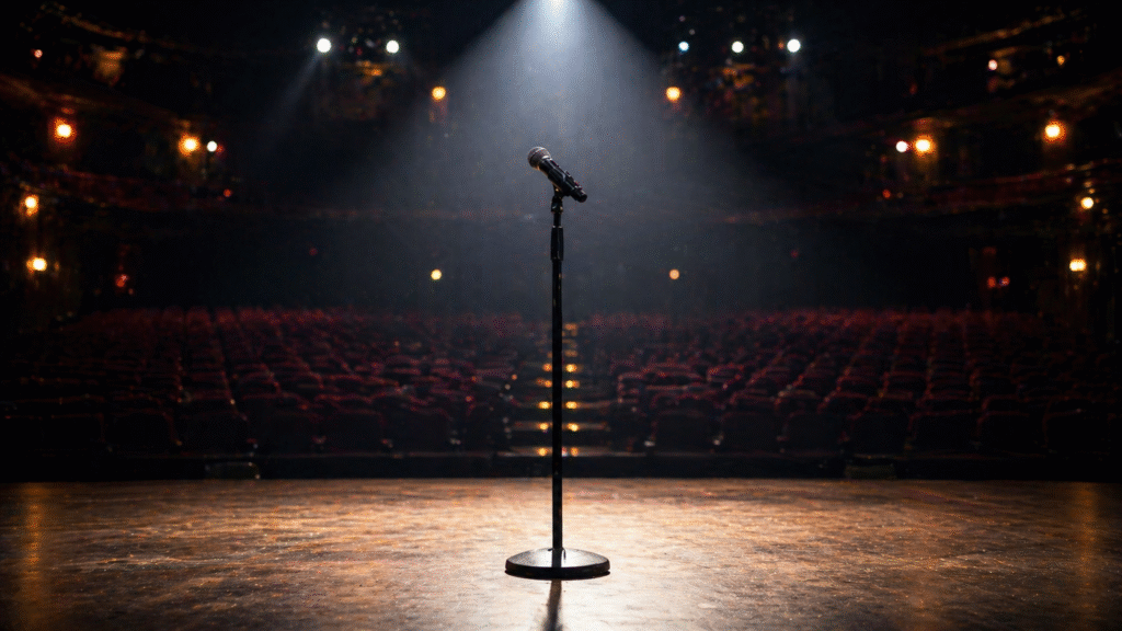 Single microphone on an empty stage under a spotlight in a dark auditorium with rows of empty seats in the background