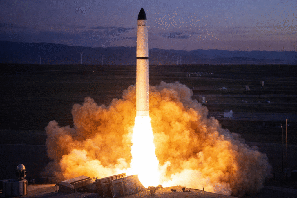 Intercontinental ballistic missile launching from an underground silo at dusk, with bright flames and smoke rising into the sky over a wide, open landscape.