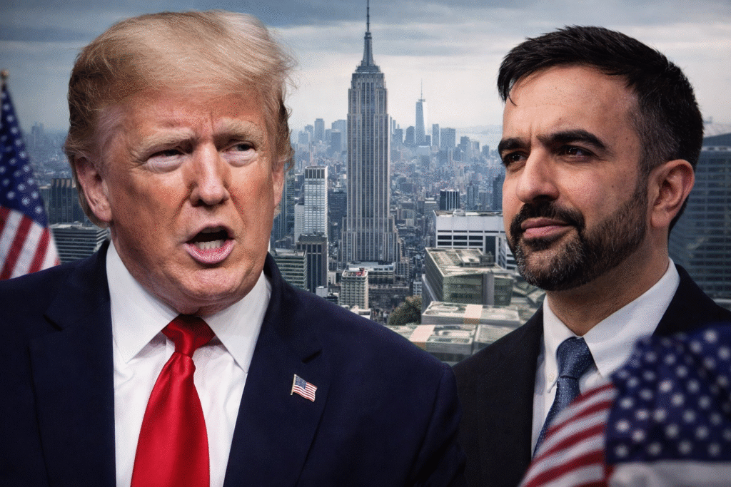 Close-up of President Donald Trump speaking with a stern expression beside a suited man with short dark hair and beard, set against a blurred New York City skyline with American flags in the foreground