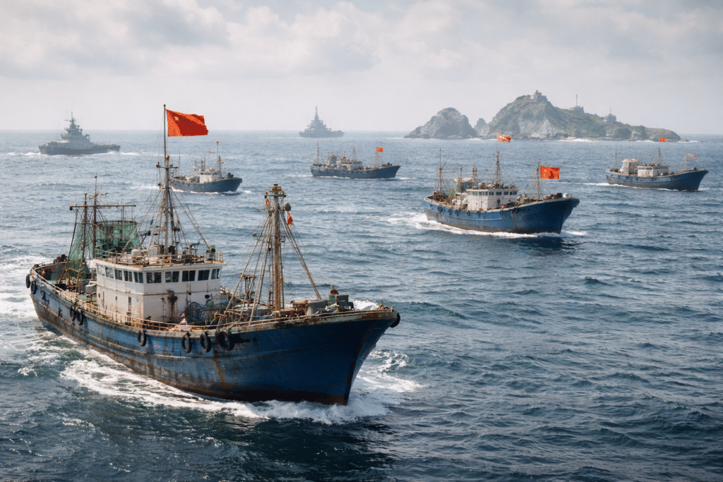 Multiple fishing vessels navigating contested waters near disputed islands with naval ships visible on the horizon, illustrating maritime tensions in the South China Sea