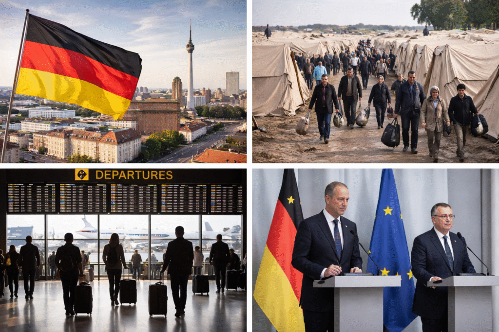 Collage showing the German flag over Berlin, a large group of migrants walking through a tent camp, travelers with luggage in an airport departure hall, and government officials speaking at a press conference