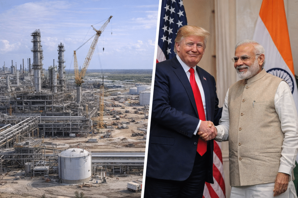 Split image showing a large oil refinery under construction with cranes and industrial towers on one side, and a handshake between U.S. and Indian leaders with national flags on the other, representing a strategic energy partnership.