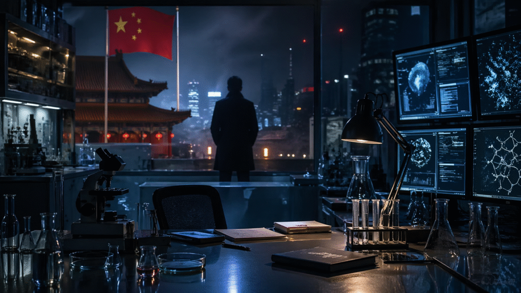 Silhouetted figure standing in a dimly lit laboratory overlooking a city skyline with a Chinese flag and traditional building, surrounded by scientific equipment and glowing data screens.