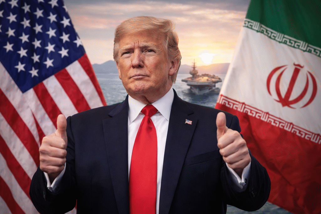 President Donald Trump giving a thumbs-up gesture with American and Iranian flags behind him, and a naval aircraft carrier sailing in the background at sunset.